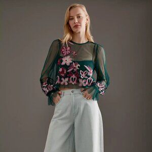 Anthropologie Long-Sleeve Embroidered Mesh Top 1X - New With Tags - Pink Flowers